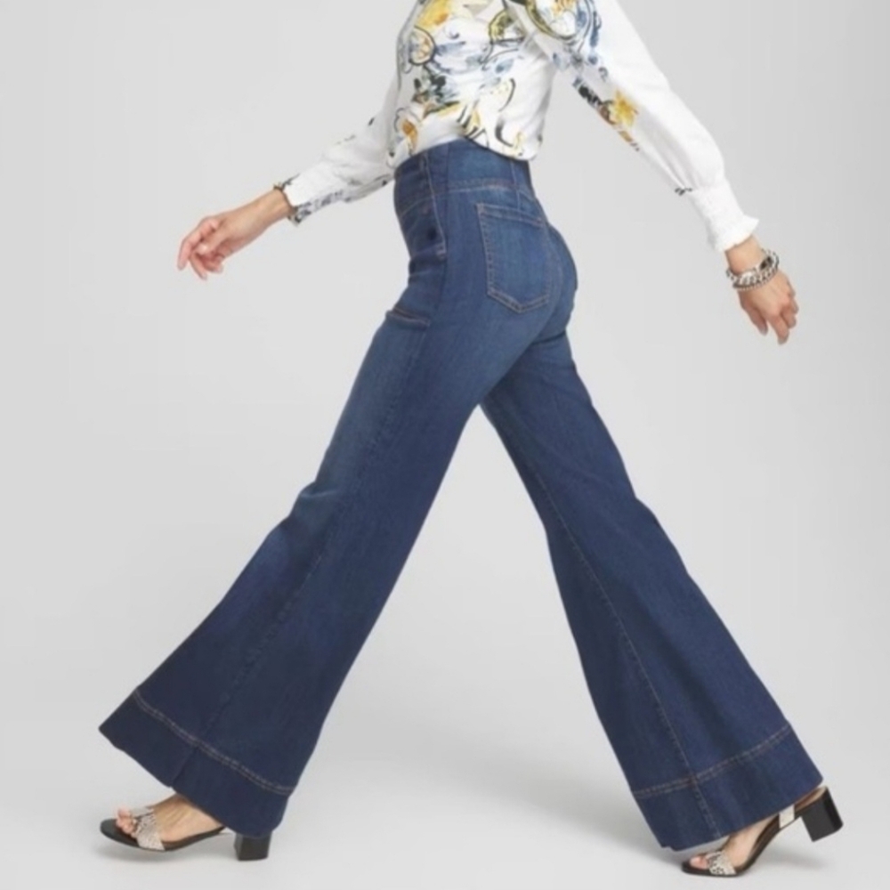 CHICO'S Pull On Flare High Rise Sailor Front Stretch Denim Trousers Women's 8T